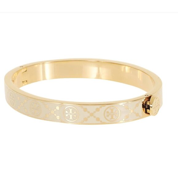 Tory Burch Double T Monogram Gold & Ivory Enamel Logo Bracelet - Picture 3 of 7